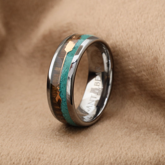 A168 Tungsten Carbide Ring with Koa Wood, Abalone Shell and Silver Arrow