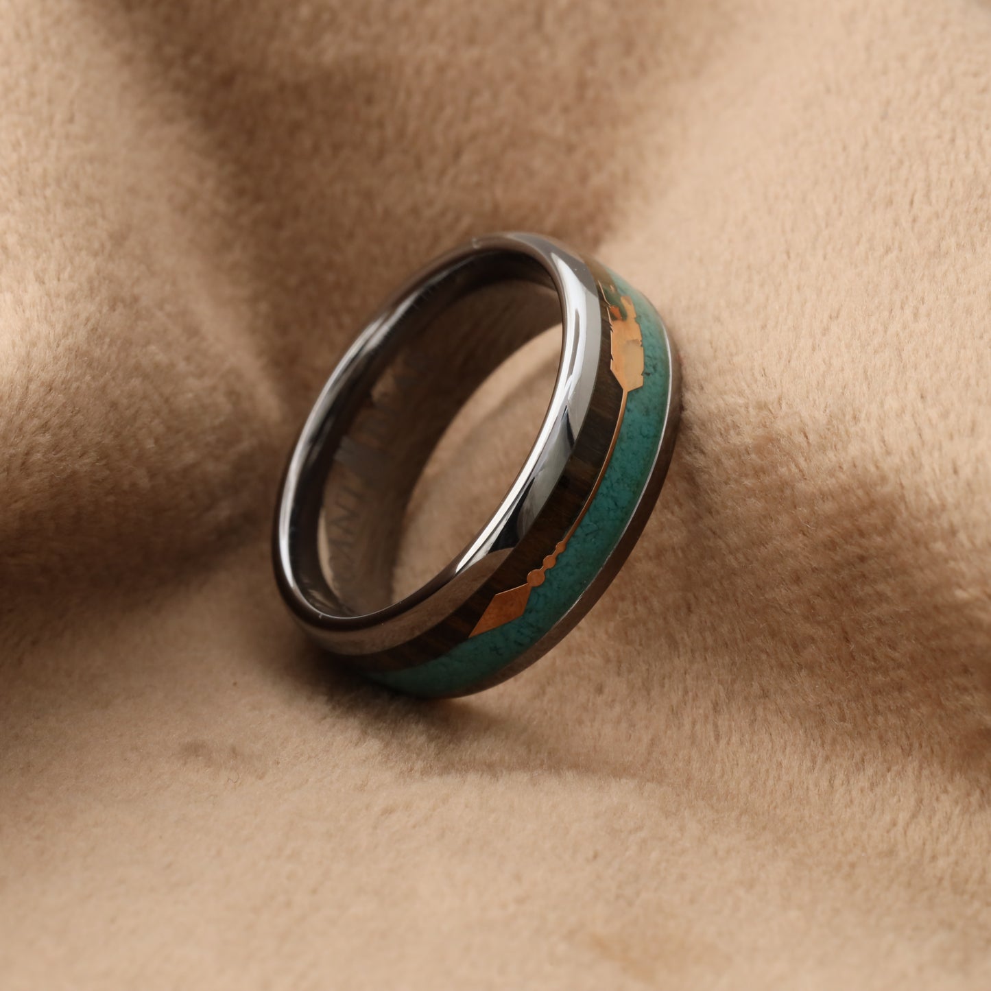 A168 Tungsten Carbide Ring with Koa Wood, Abalone Shell and Silver Arrow