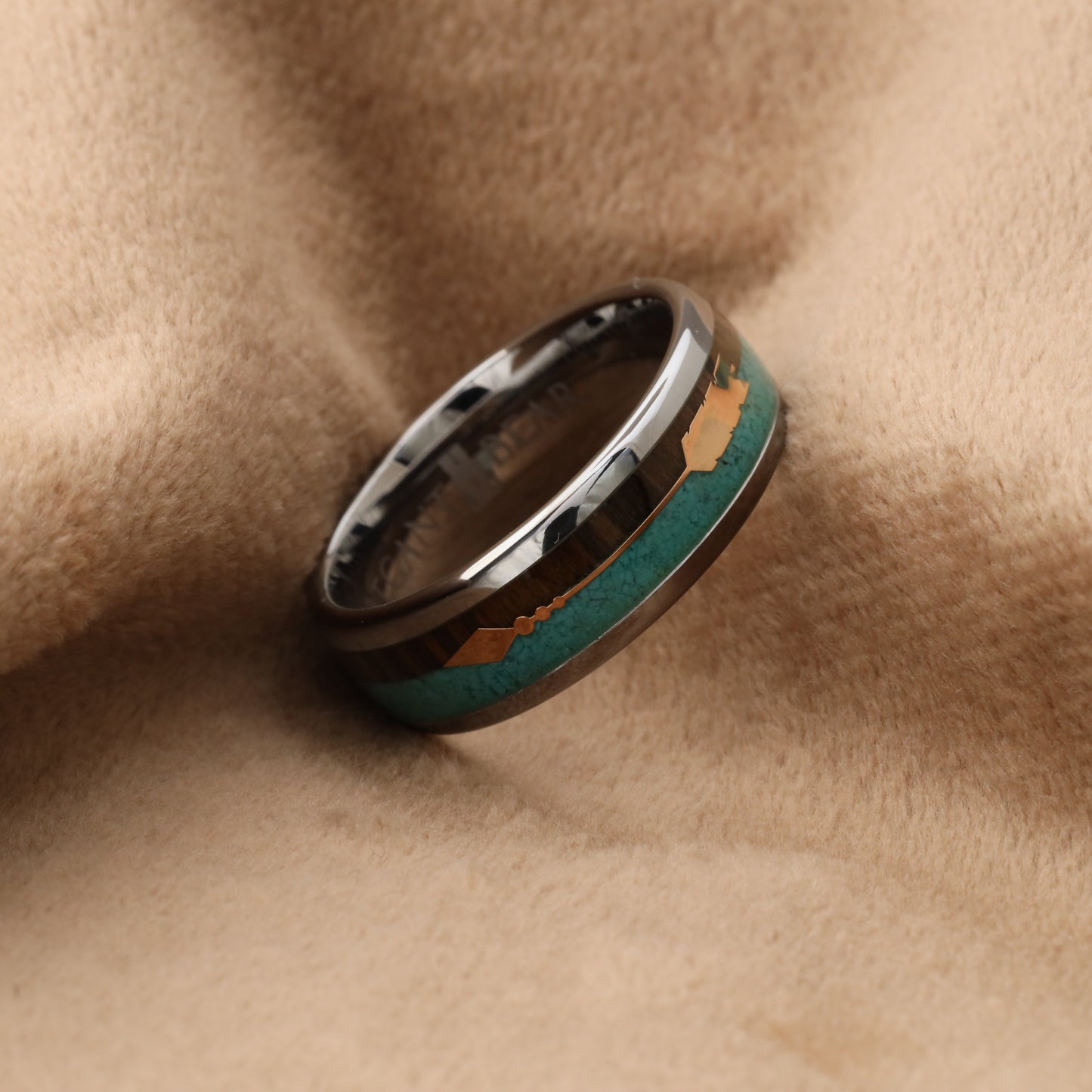 A168 Tungsten Carbide Ring with Koa Wood, Abalone Shell and Silver Arrow