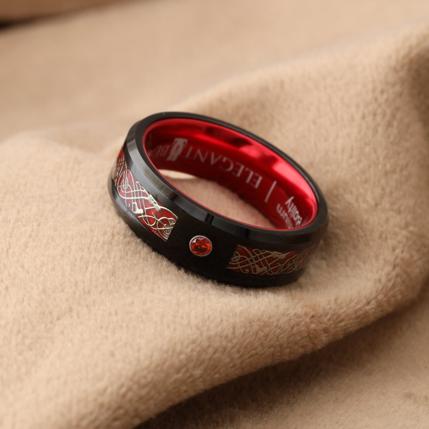 A146 Tungsten Ring with Red Carbon Fiber & Red Micro Zircon - Dragon Fire Design