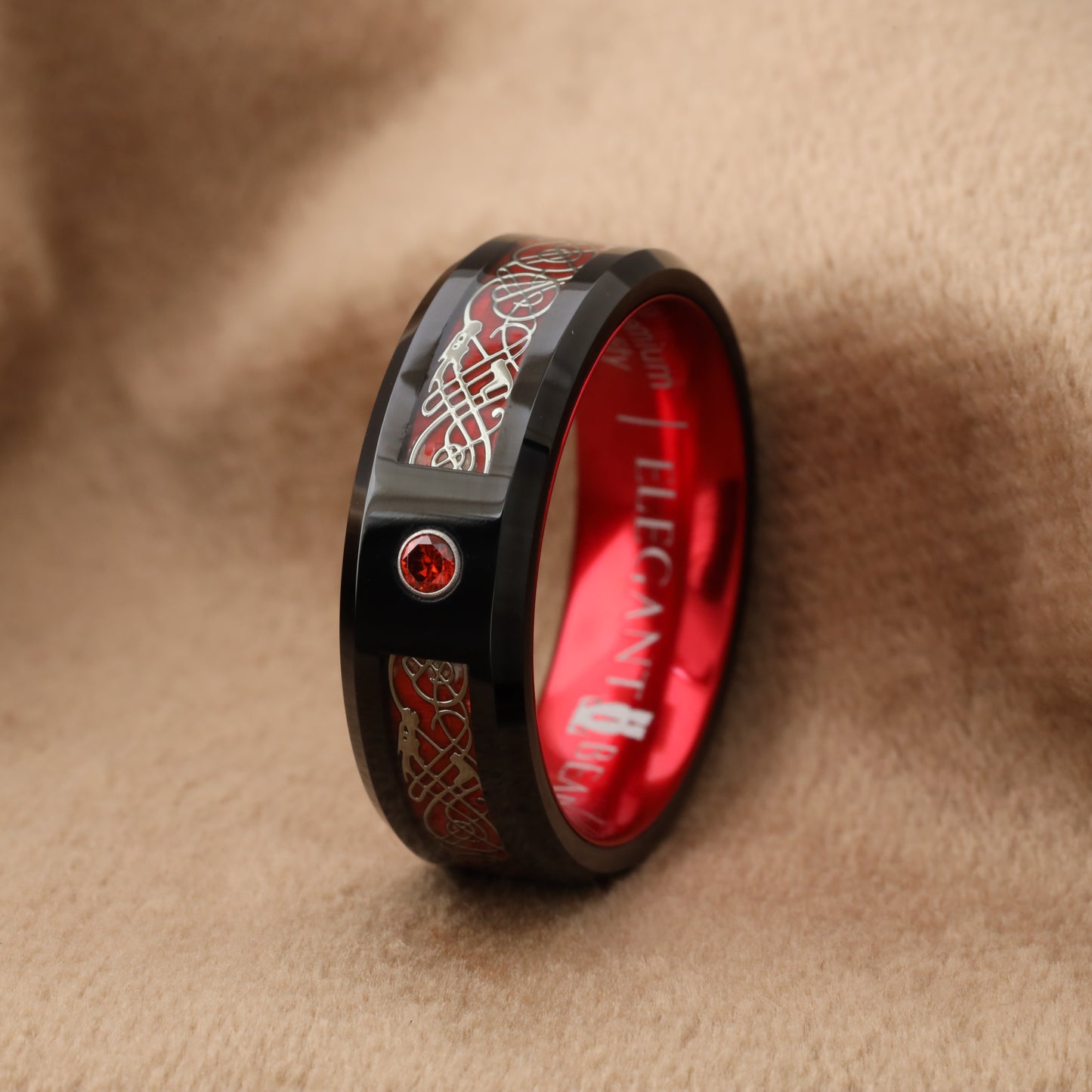 A146 Tungsten Ring with Red Carbon Fiber & Red Micro Zircon - Dragon Fire Design