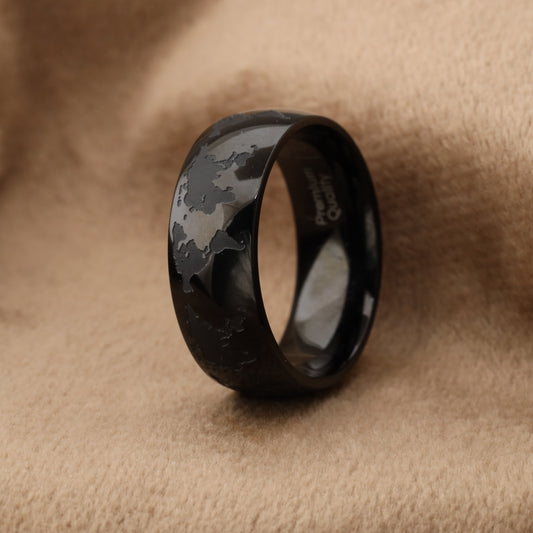 A327 Black Titanium Ring with World Map - Glossy Finish - Global Explorer Design