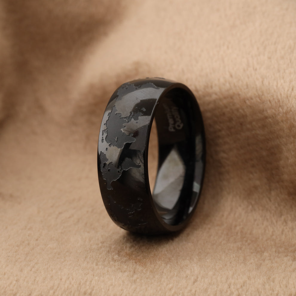 A327 Black Titanium Ring World Map Glossy Finish Global Explorer ...