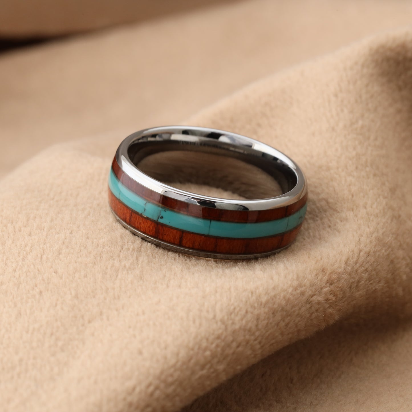Silver Tungsten Ring with Koa Wood & Natural Turquoise Stone - 8mm - A166