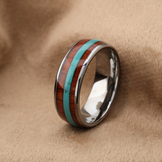 Silver Tungsten Ring with Koa Wood & Natural Turquoise Stone - 8mm - A166