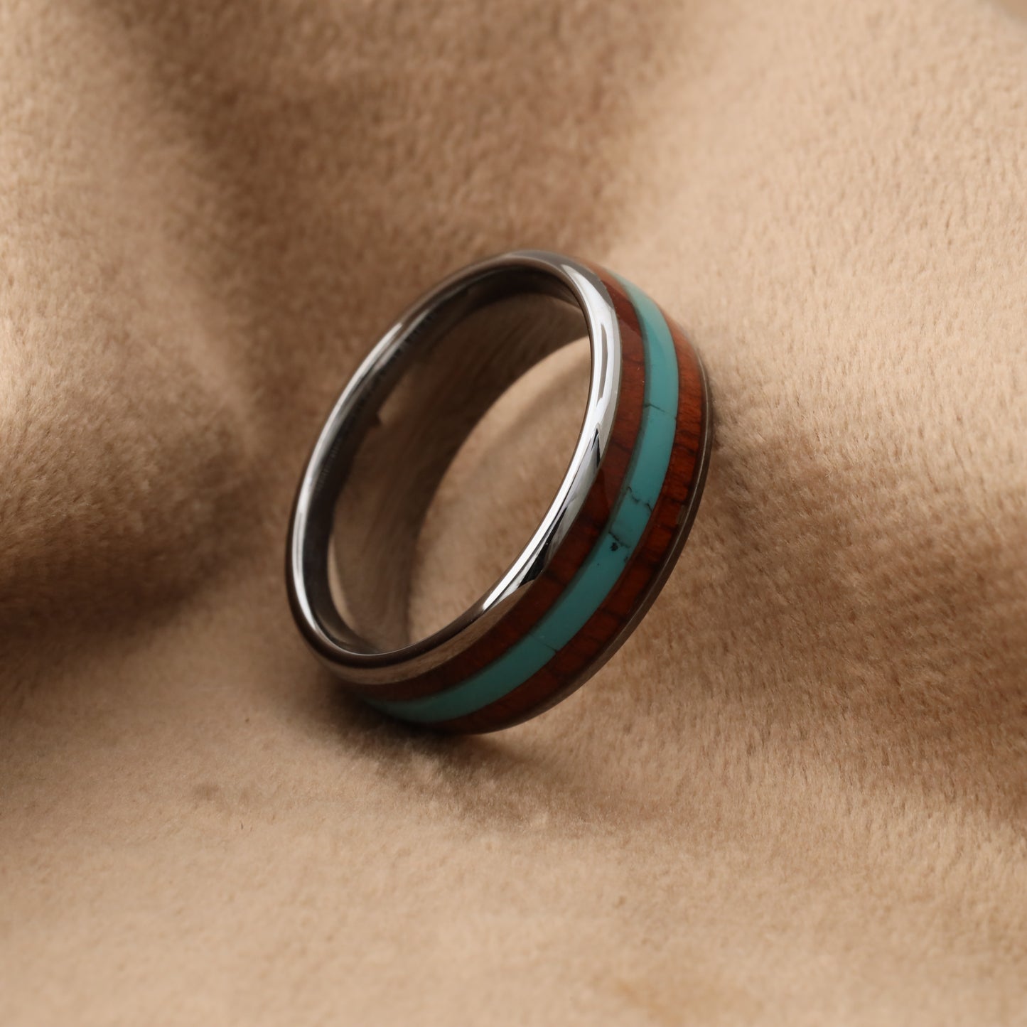 Silver Tungsten Ring with Koa Wood & Natural Turquoise Stone - 8mm - A166