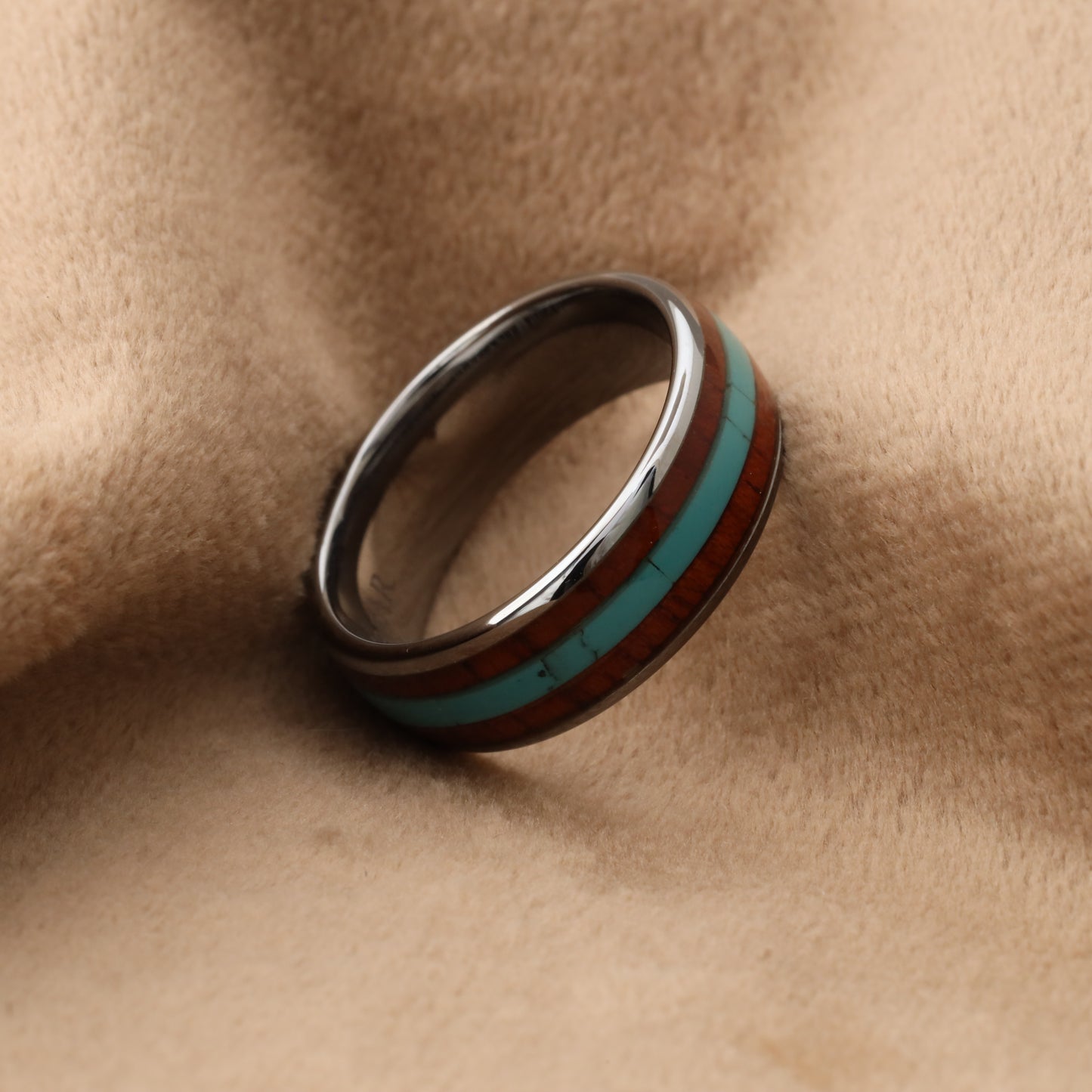 Silver Tungsten Ring with Koa Wood & Natural Turquoise Stone - 8mm - A166