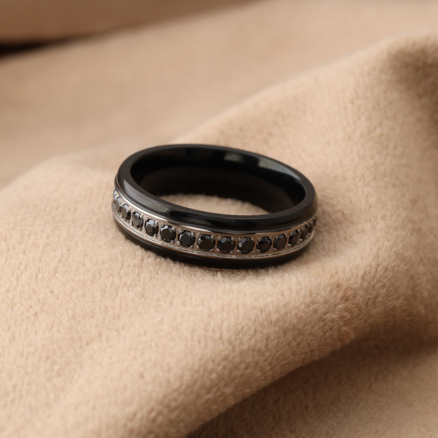 Black Titanium Ring with CZ Zircon Stones - Classic Elegance Design - 6.5mm - A330