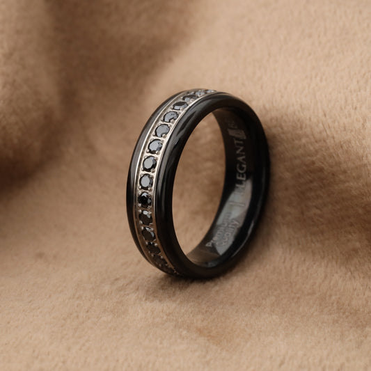 Black Titanium Ring with CZ Zircon Stones - Classic Elegance Design - 6.5mm - A330