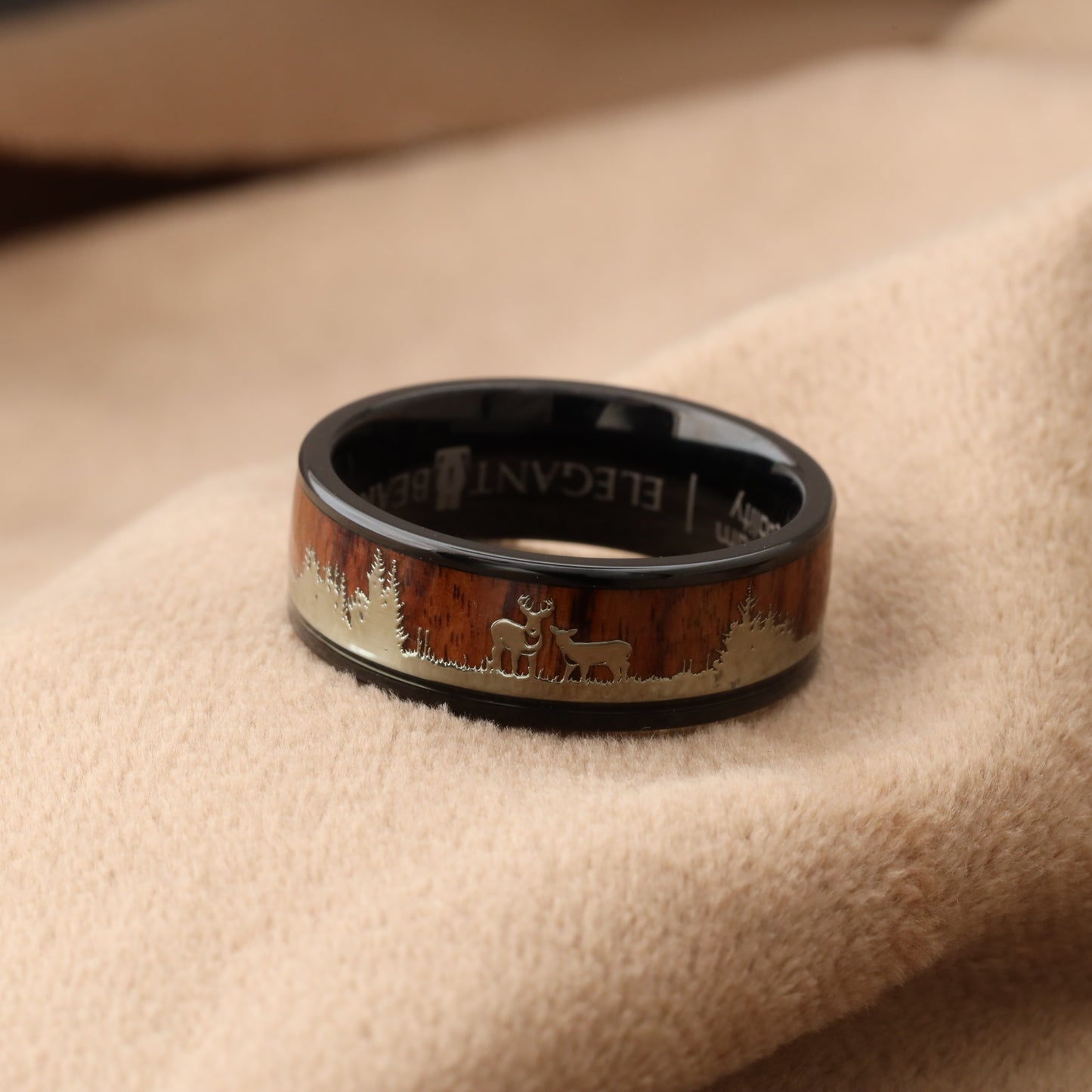 Titanium Ring with Koa Wood & Forest Deer Engraving - Nature Design - 8mm - A209