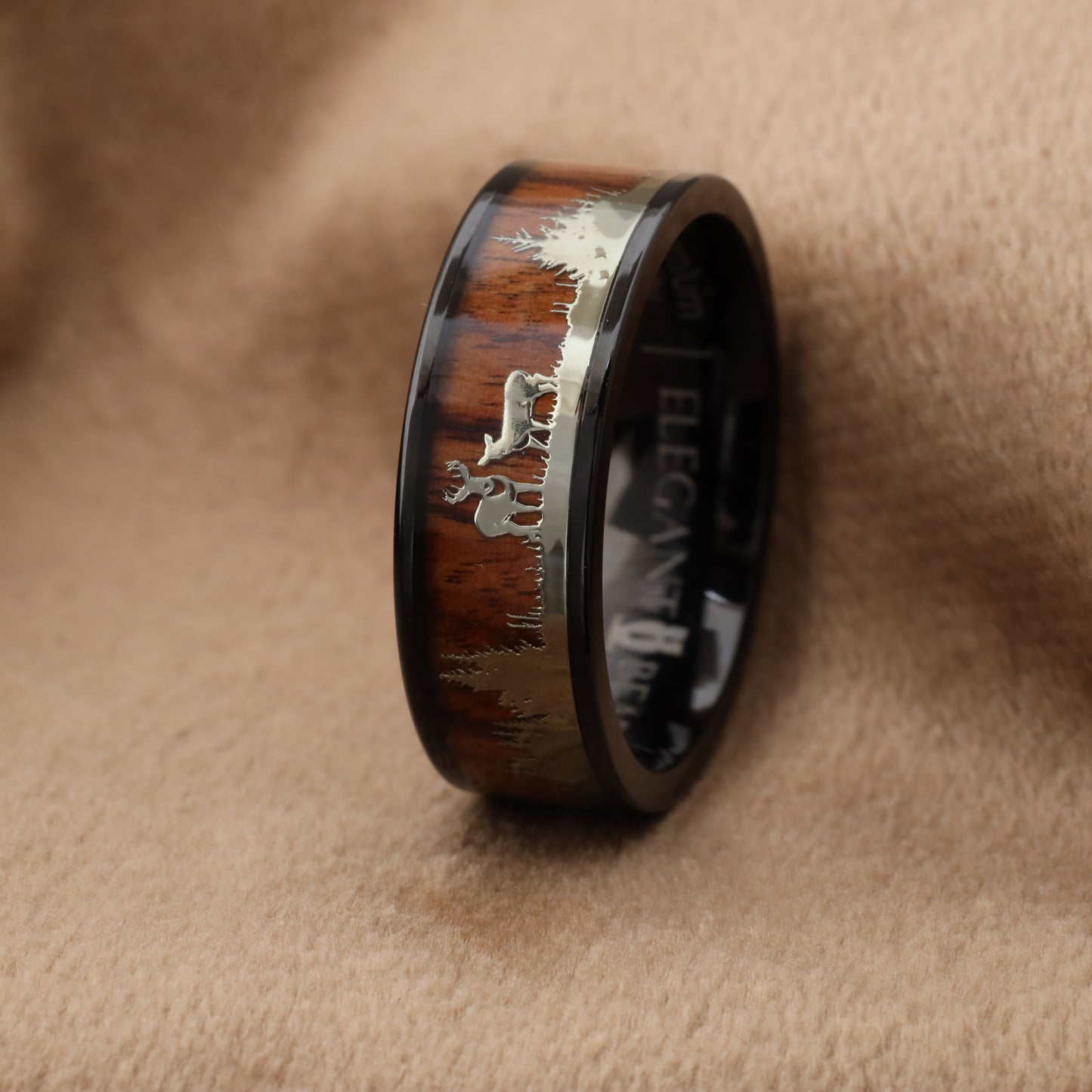 Titanium Ring with Koa Wood & Forest Deer Engraving - Nature Design - 8mm - A209