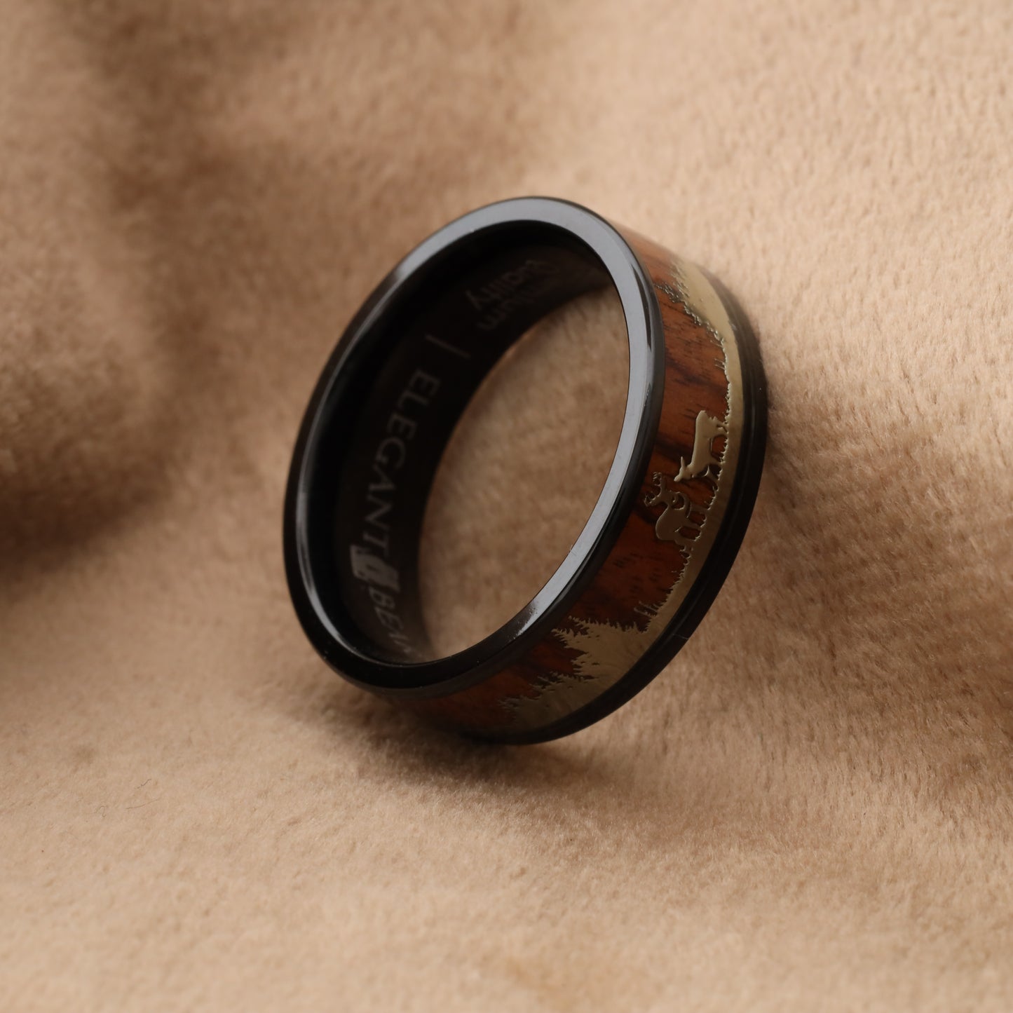 Titanium Ring with Koa Wood & Forest Deer Engraving - Nature Design - 8mm - A209