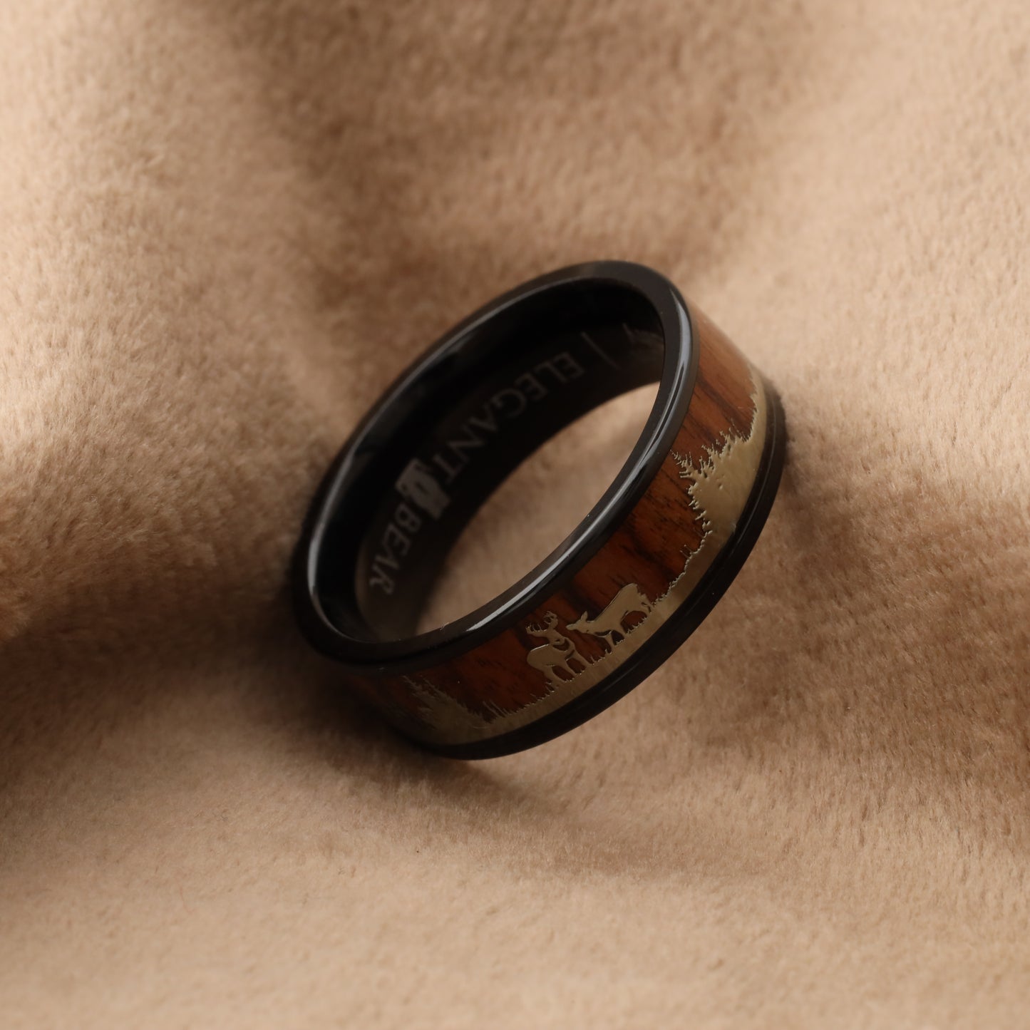Titanium Ring with Koa Wood & Forest Deer Engraving - Nature Design - 8mm - A209