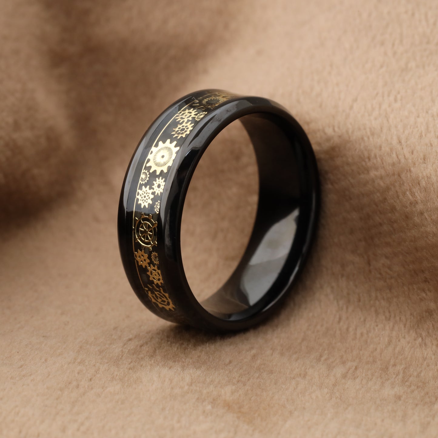 Black Titanium Ring with Gold and Carbon Fiber Gears - 8 mm - A202