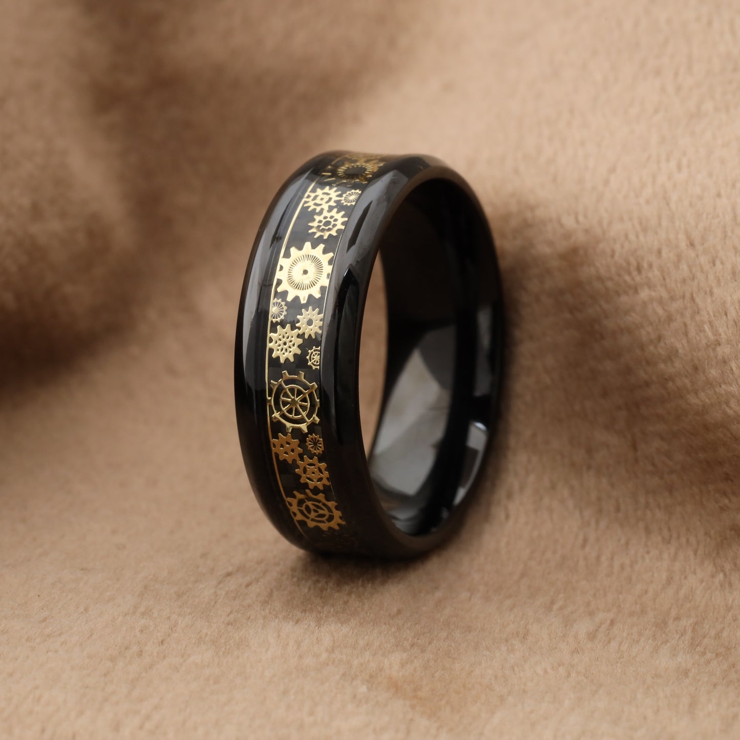 Black Titanium Ring with Gold and Carbon Fiber Gears - 8 mm - A202