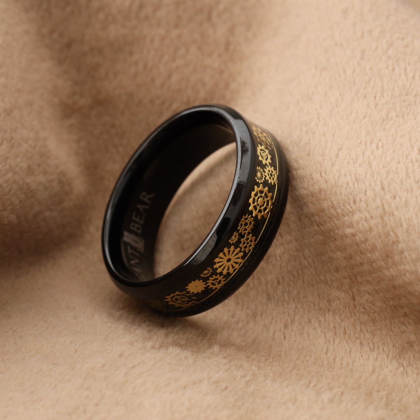 Black Titanium Ring with Gold and Carbon Fiber Gears - 8 mm - A202