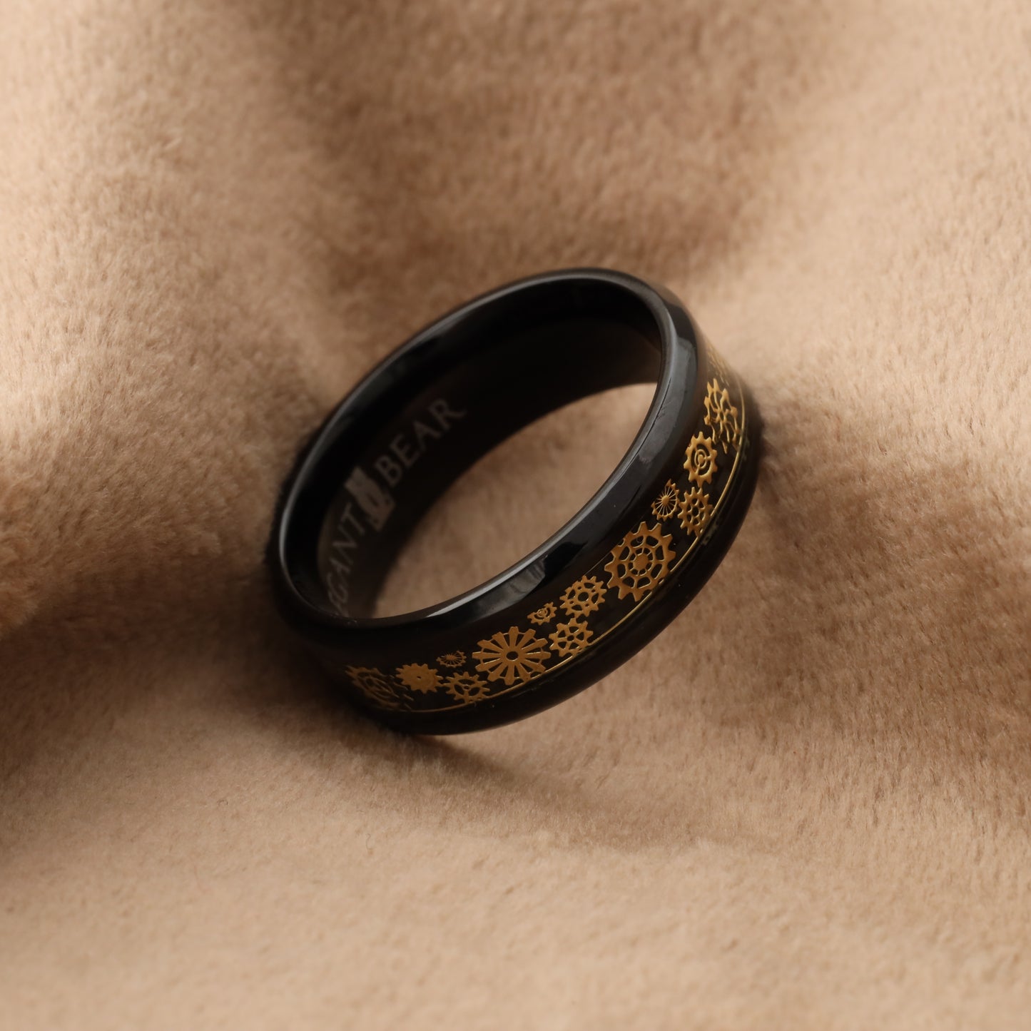 Black Titanium Ring with Gold and Carbon Fiber Gears - 8 mm - A202