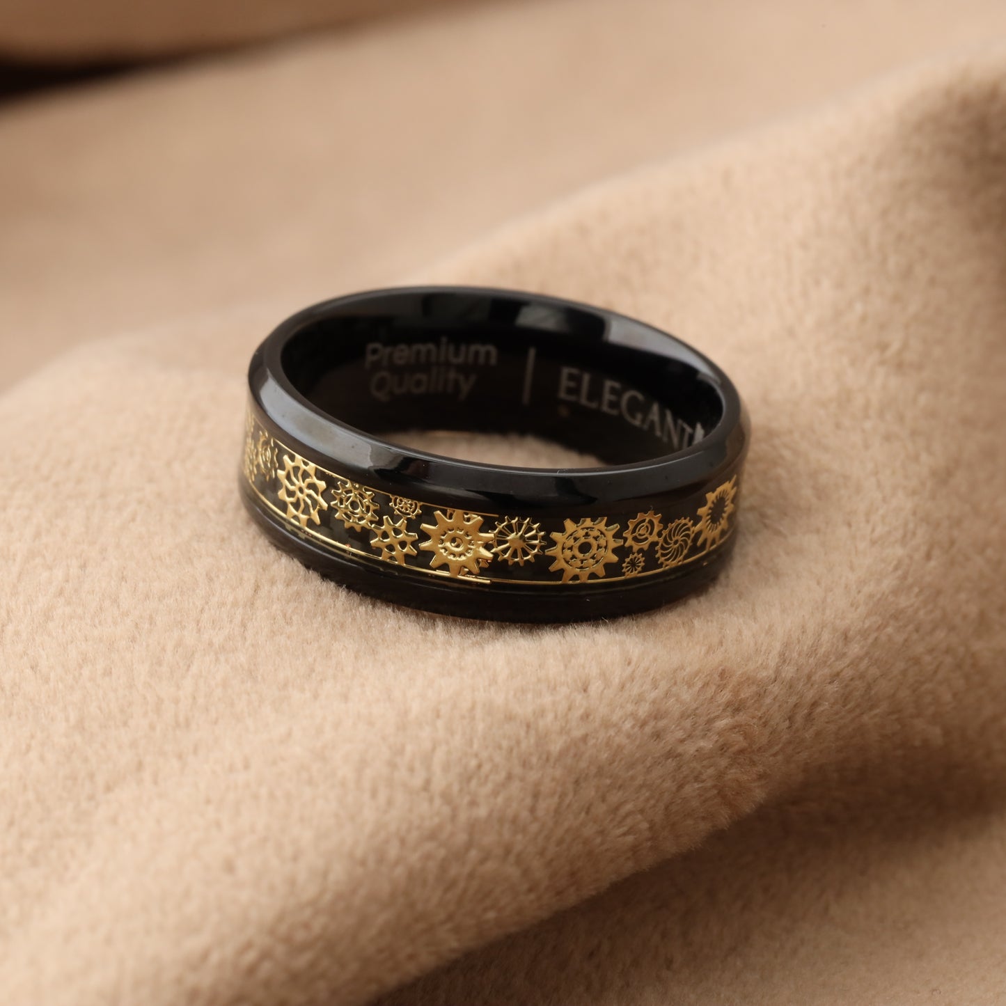 Black Titanium Ring with Gold and Carbon Fiber Gears - 8 mm - A202