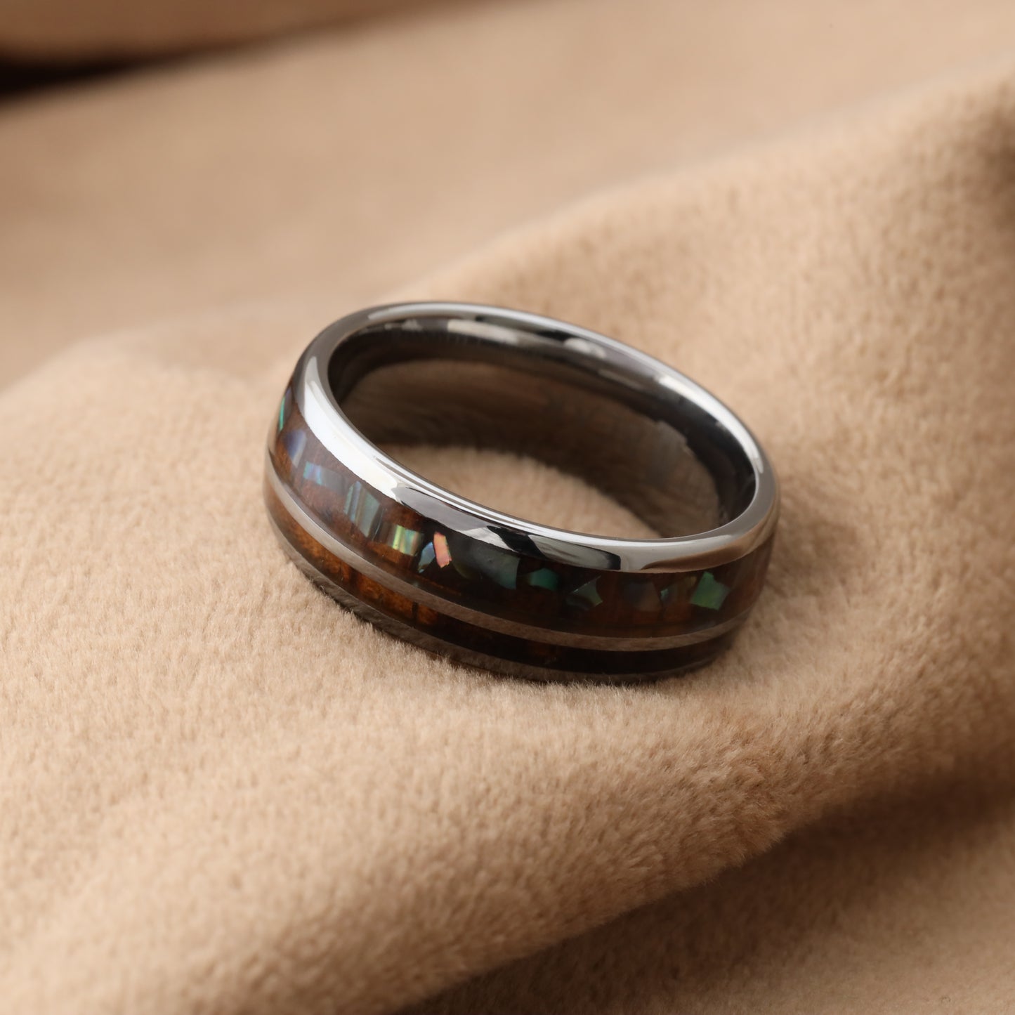 Tungsten Ring with Koa Wood & Abalone Shell Inlay A143