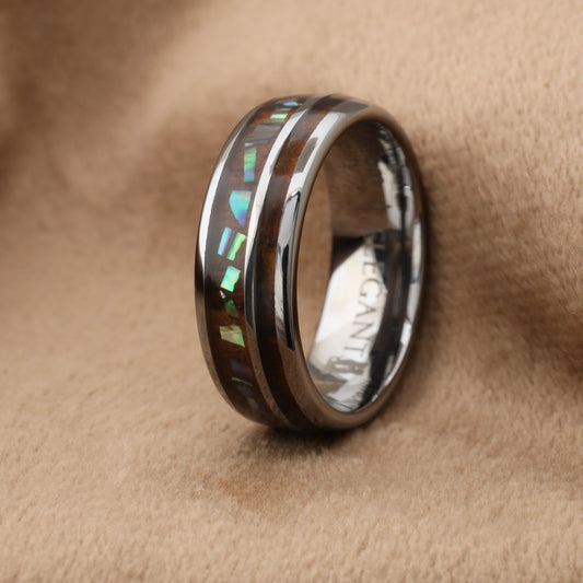 Tungsten Ring with Koa Wood & Abalone Shell Inlay A143