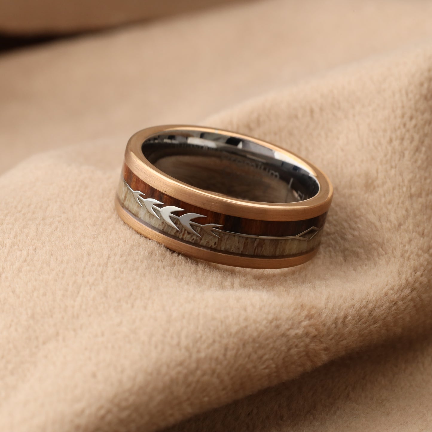 A160 Rose Gold Tungsten Ring with Dark Koa Wood & Natural Antler - Arrow Design