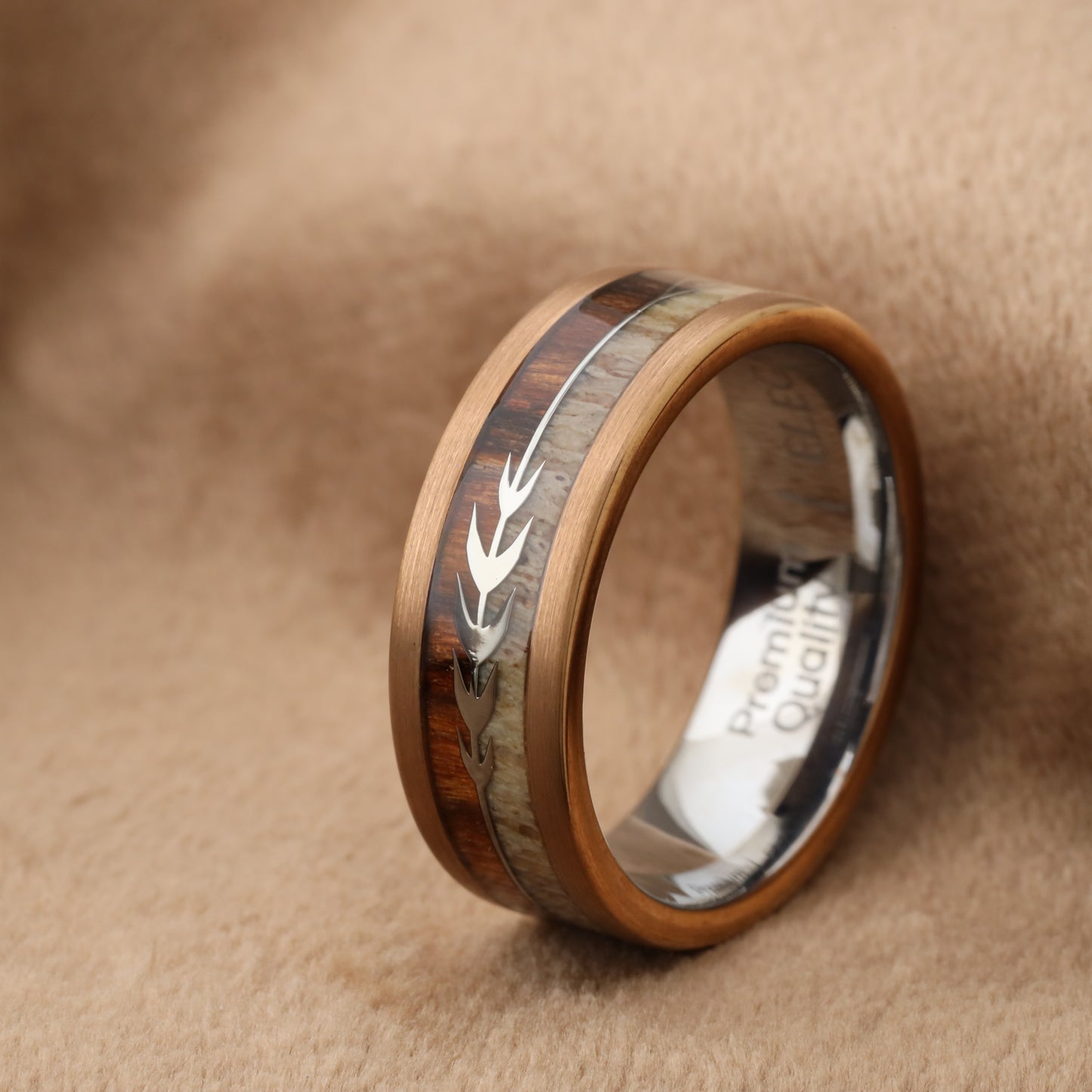 A160 Rose Gold Tungsten Ring with Dark Koa Wood & Natural Antler - Arrow Design