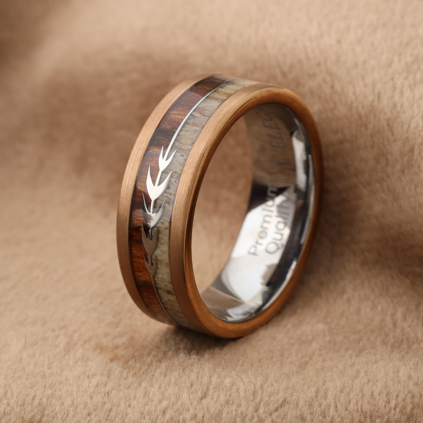 A160 Rose Gold Tungsten Ring with Dark Koa Wood & Natural Antler - Arrow Design