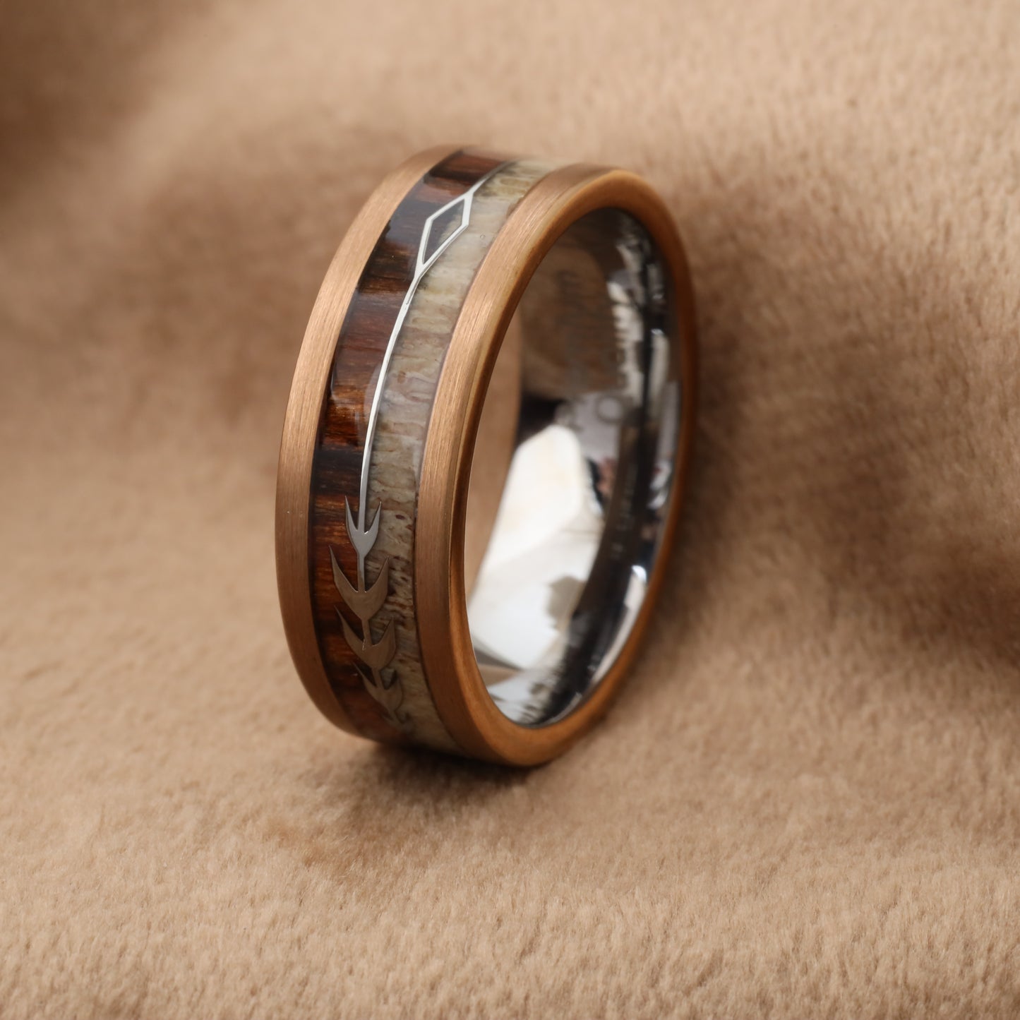 A160 Rose Gold Tungsten Ring with Dark Koa Wood & Natural Antler - Arrow Design