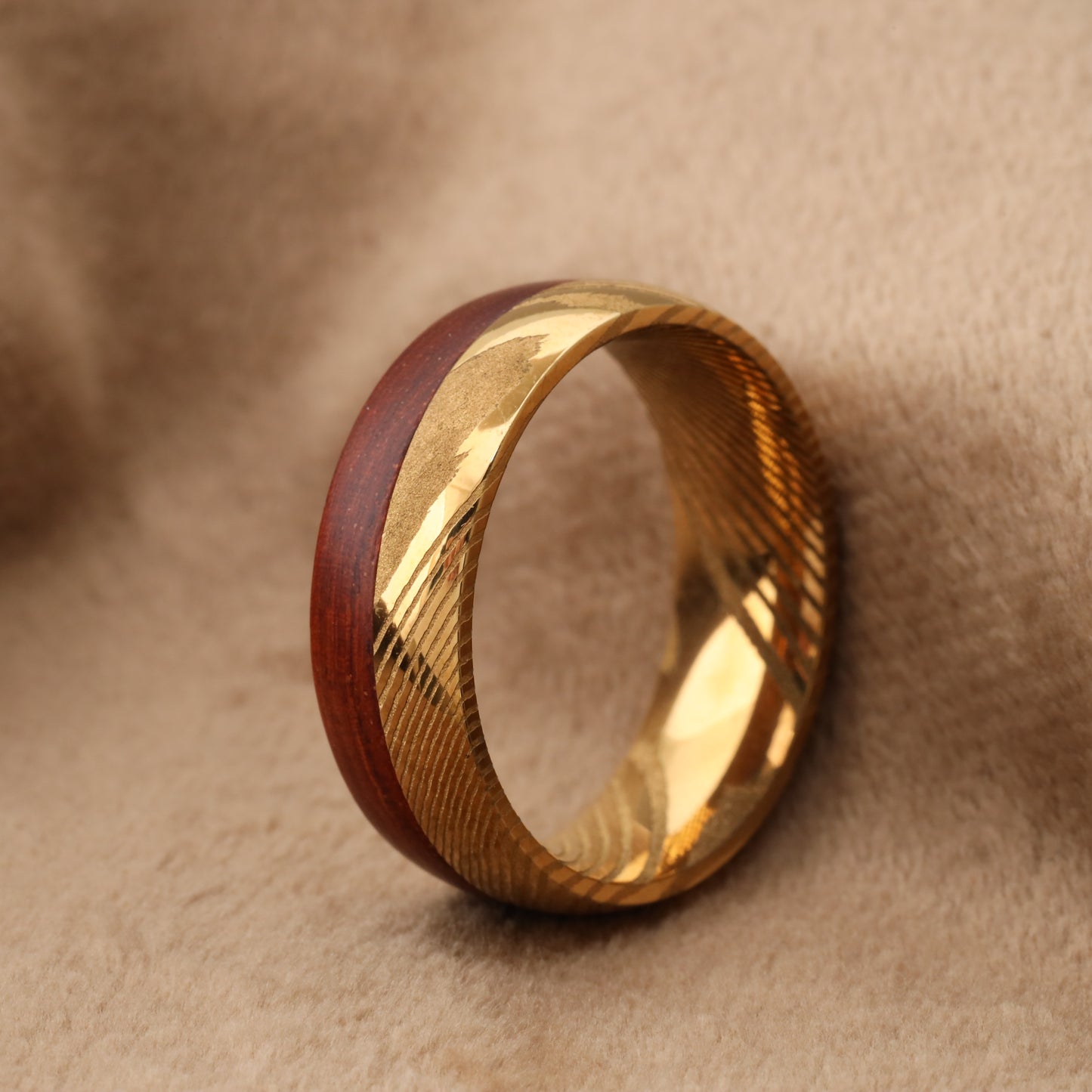 A120 Damascus Steel Ring with Dark Koa Wood - 8mm Width - Ultimate Strength