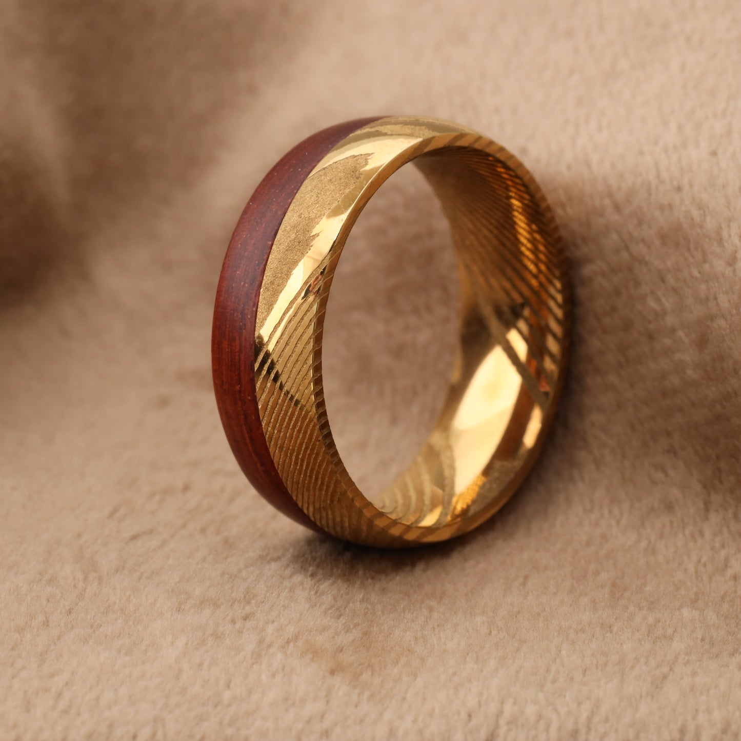 A120 Damascus Steel Ring with Dark Koa Wood - 8mm Width - Ultimate Strength