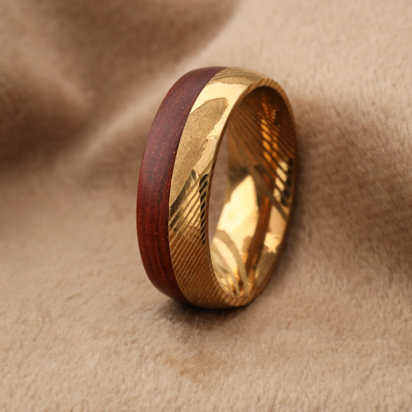 A120 Damascus Steel Ring with Dark Koa Wood - 8mm Width - Ultimate Strength