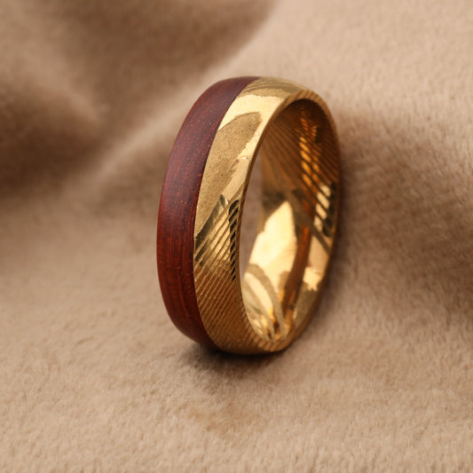 A120 Damascus Steel Ring with Dark Koa Wood - 8mm Width - Ultimate Strength