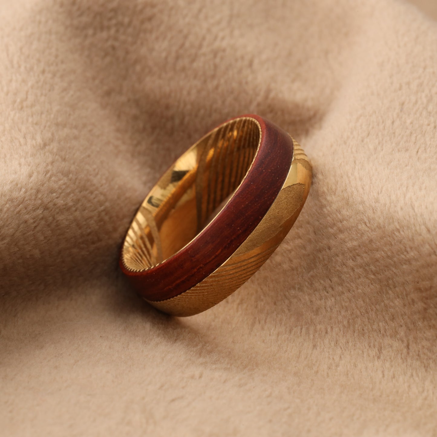 A120 Damascus Steel Ring with Dark Koa Wood - 8mm Width - Ultimate Strength