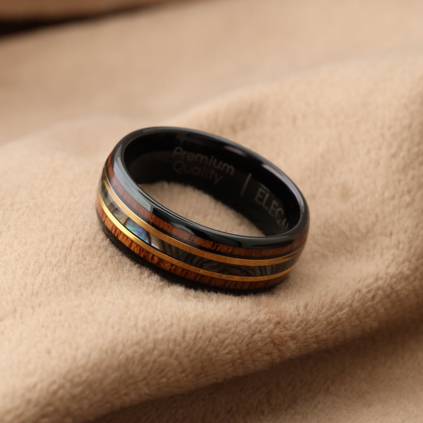 Black Tungsten Ring with Hawaiian Koa Wood, Abalone Shell & Gold Lines - 8mm - A151
