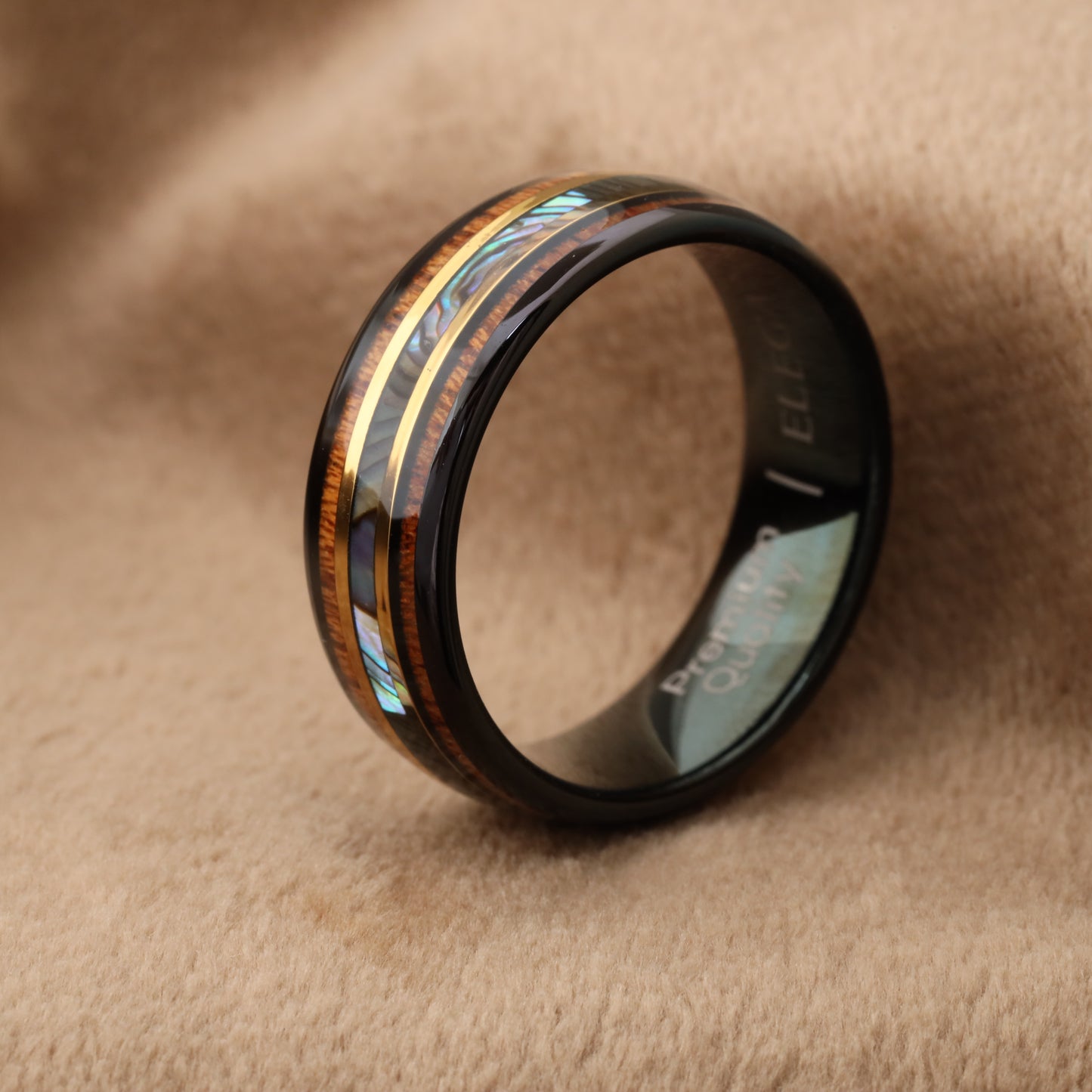 Black Tungsten Ring with Hawaiian Koa Wood, Abalone Shell & Gold Lines - 8mm - A151