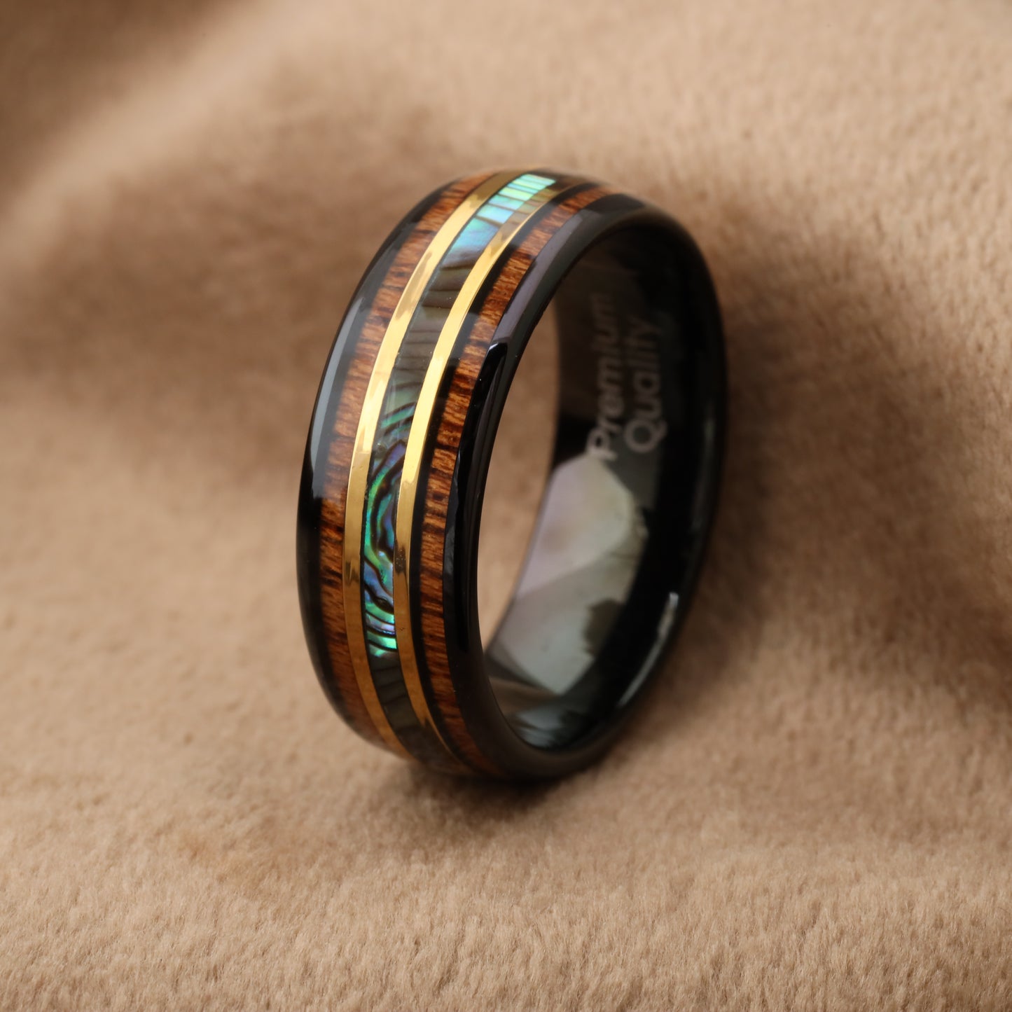 Black Tungsten Ring with Hawaiian Koa Wood, Abalone Shell & Gold Lines - 8mm - A151