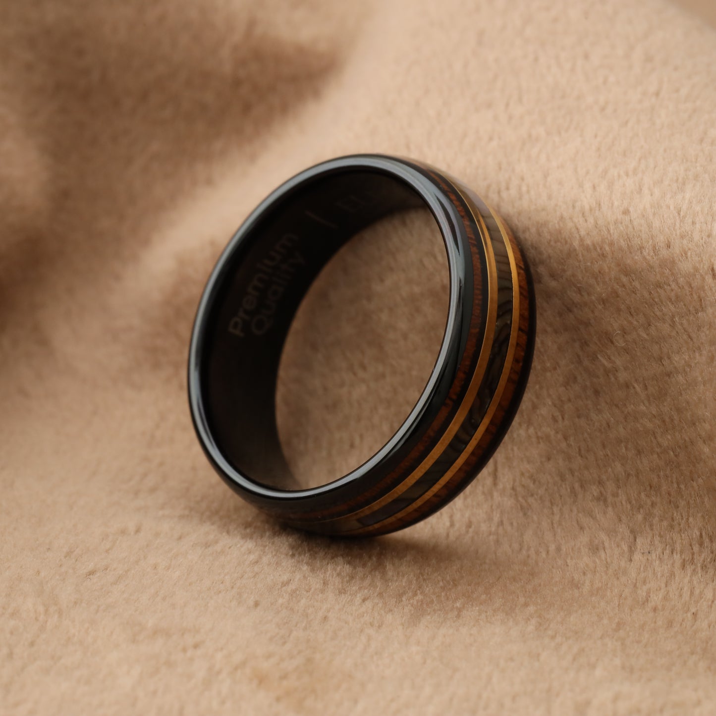 Black Tungsten Ring with Hawaiian Koa Wood, Abalone Shell & Gold Lines - 8mm - A151
