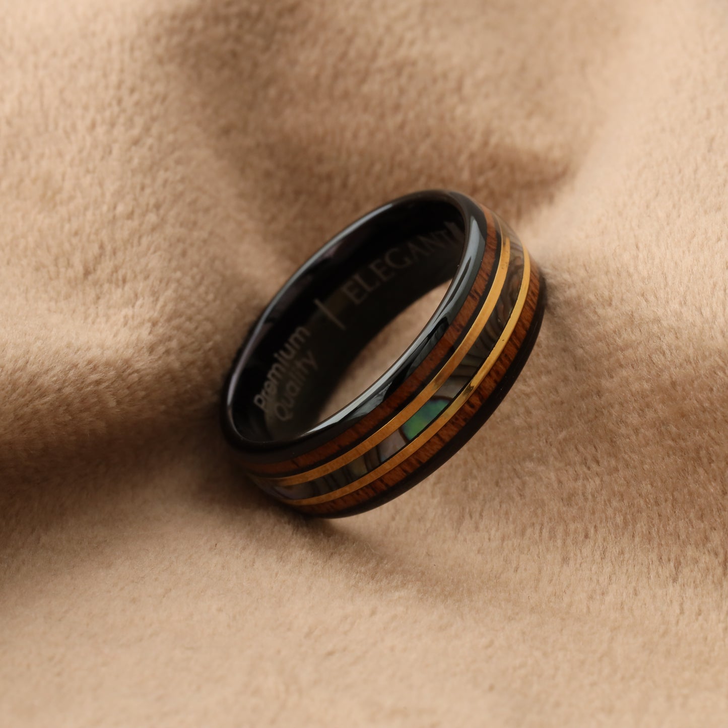 Black Tungsten Ring with Hawaiian Koa Wood, Abalone Shell & Gold Lines - 8mm - A151