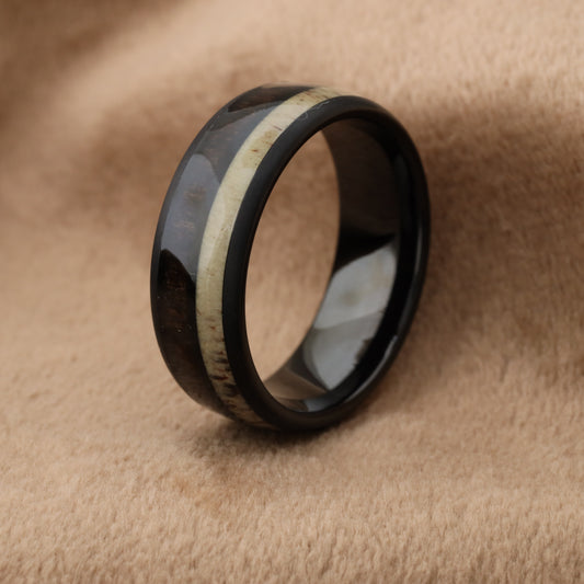 Tungsten Ring with Natural Koa Wood & Deer Antler Inlay - Dual Material - 8mm - A114