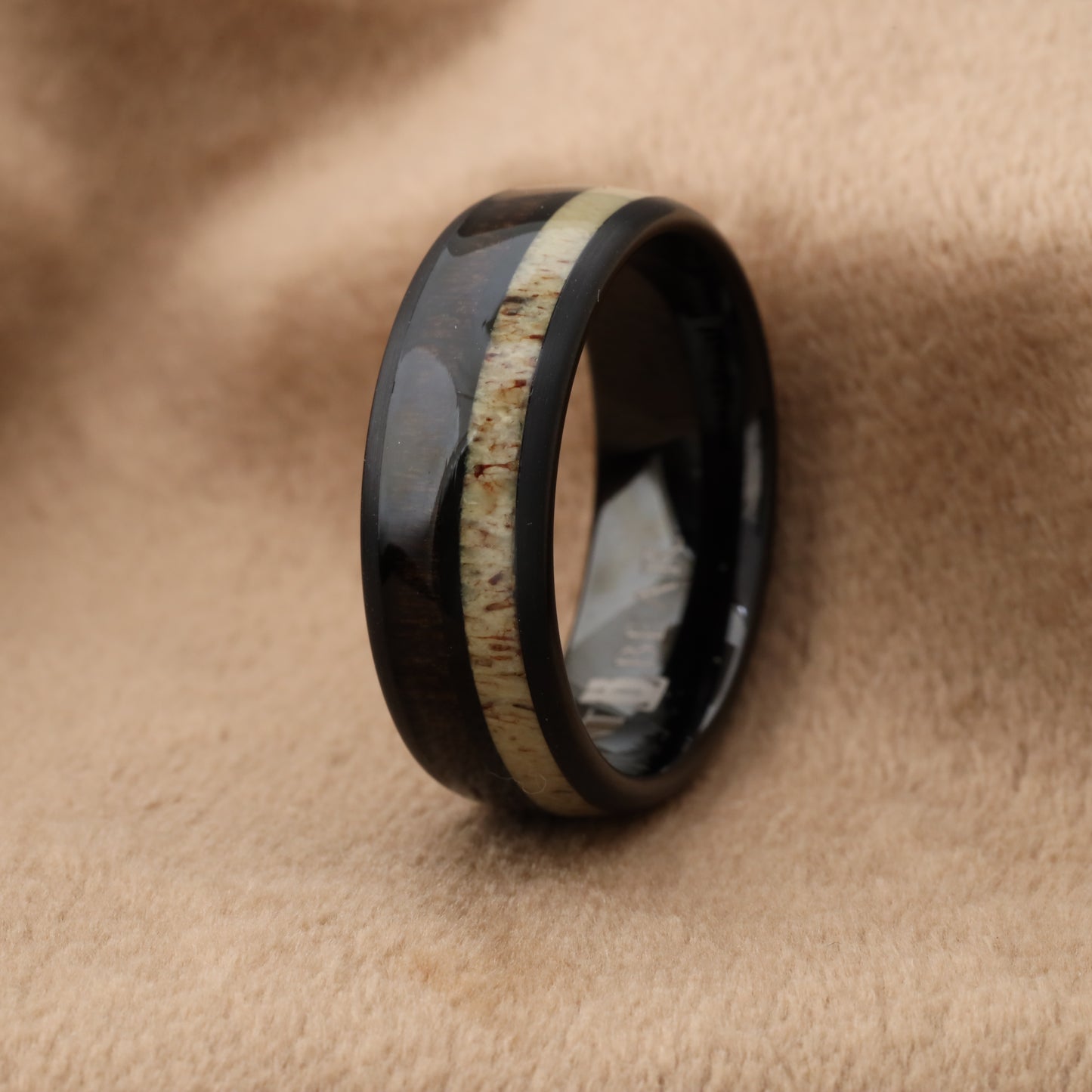 Tungsten Ring with Natural Koa Wood & Deer Antler Inlay - Dual Material - 8mm - A114