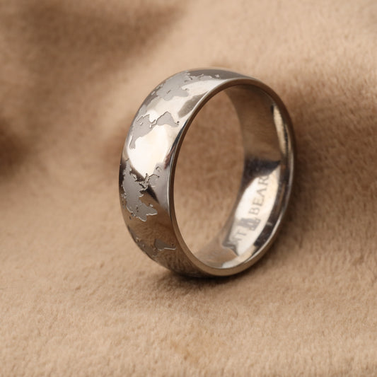 A208 Silver Titanium Ring with Engraved World Map