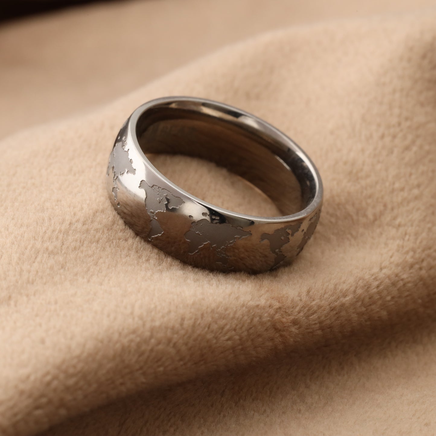A208 Silver Titanium Ring with Engraved World Map