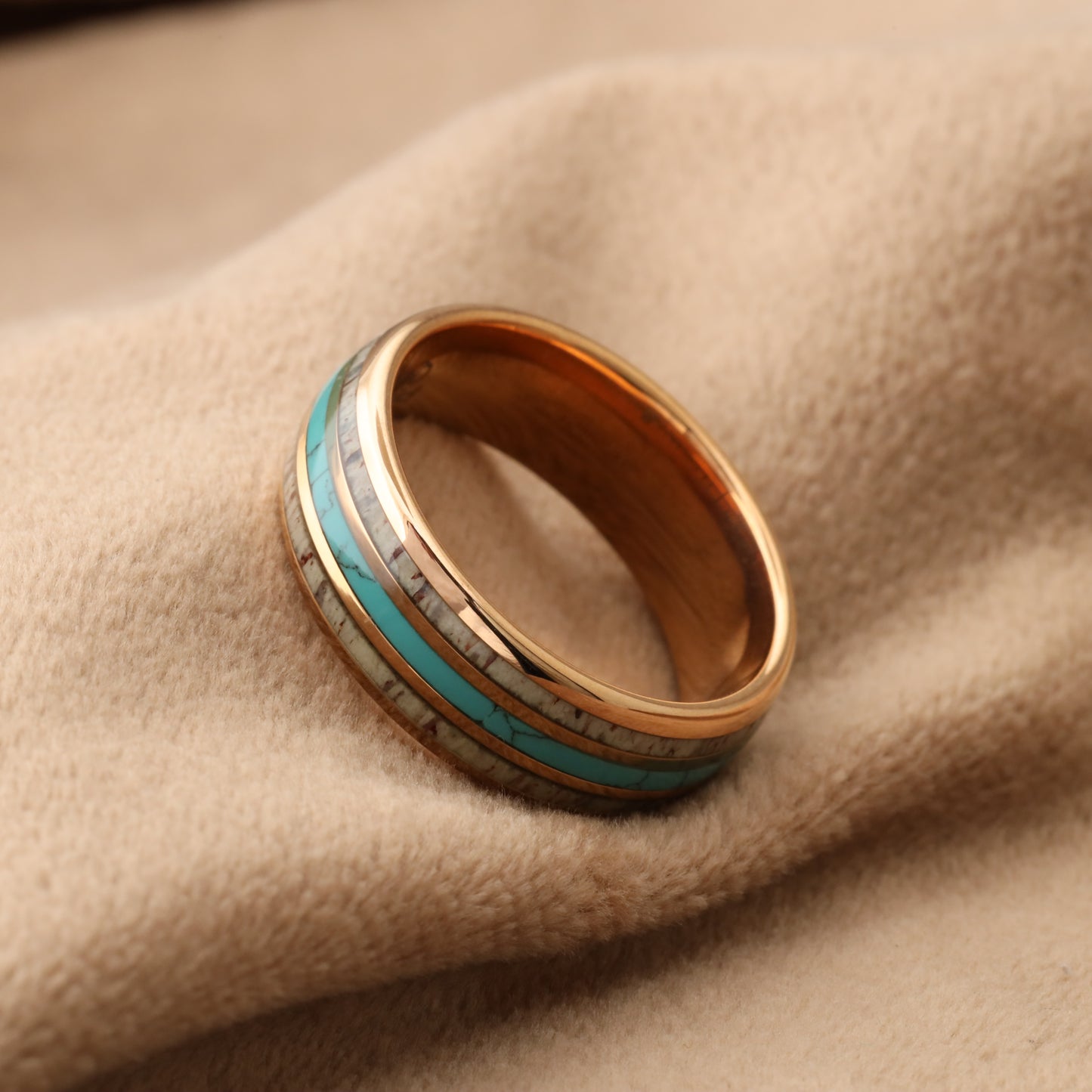 Rose Gold Tungsten Ring with Deer Antler & Natural Turquoise Stone - Premium Design - 8mm - A176