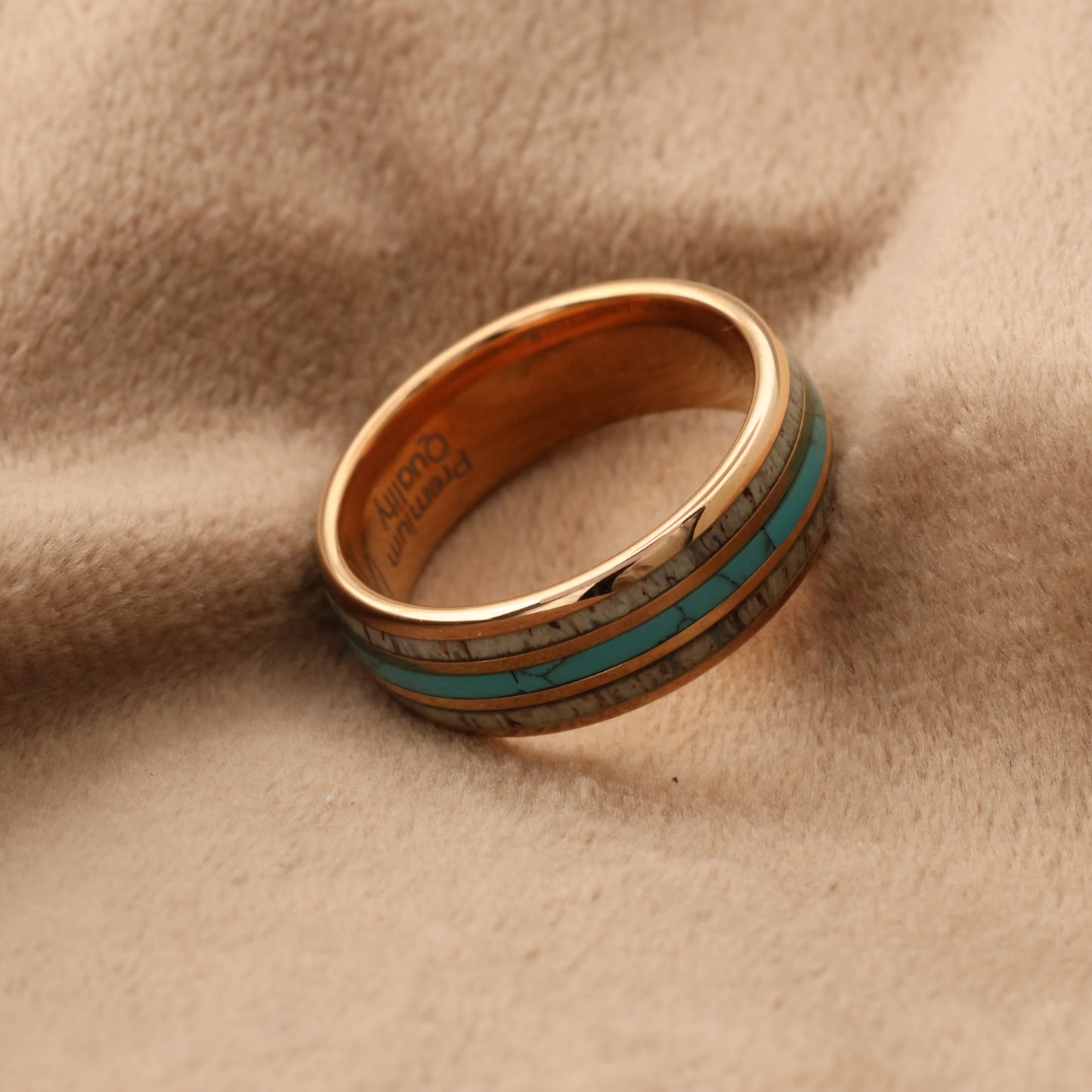 Rose Gold Tungsten Ring with Deer Antler & Natural Turquoise Stone - Premium Design - 8mm - A176