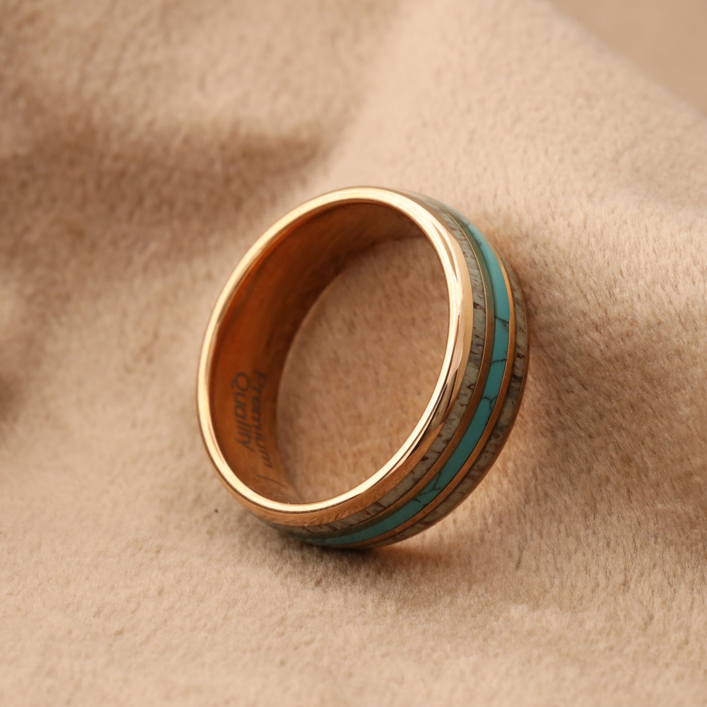 Rose Gold Tungsten Ring with Deer Antler & Natural Turquoise Stone - Premium Design - 8mm - A176