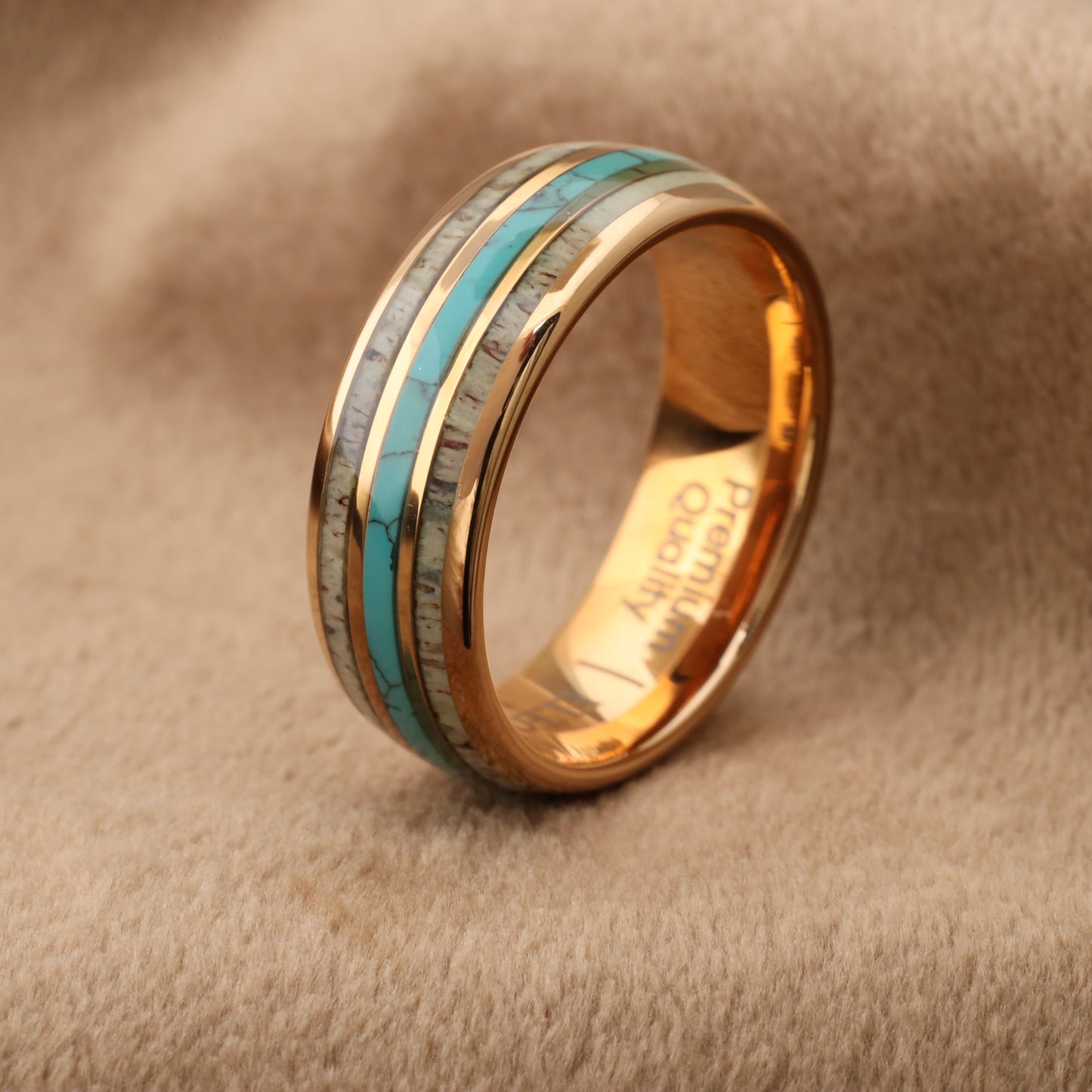 Rose Gold Tungsten Ring with Deer Antler & Natural Turquoise Stone - Premium Design - 8mm - A176