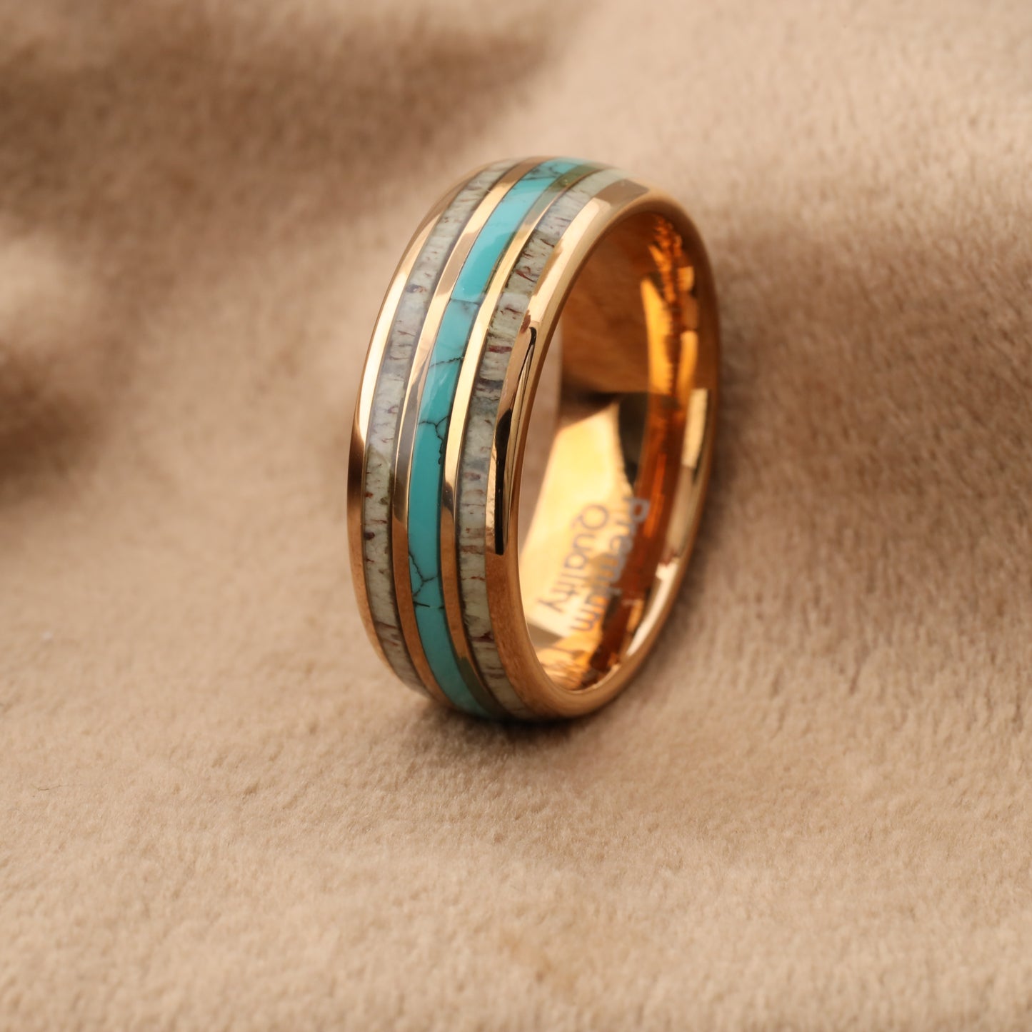 Rose Gold Tungsten Ring with Deer Antler & Natural Turquoise Stone - Premium Design - 8mm - A176