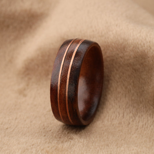 Brazilian Rosewood & Ebony Ring with Rose Gold Copper Lines - Pure Wood Design - 8mm - A213