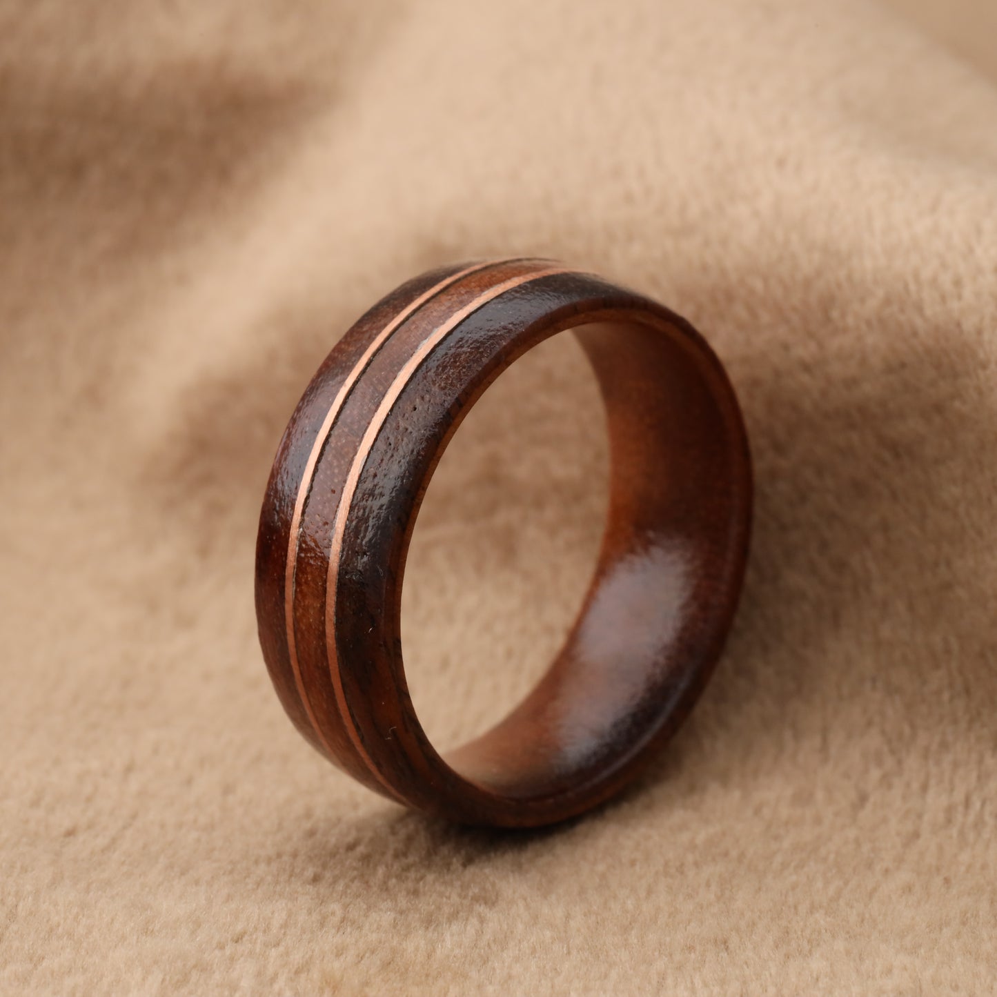 Brazilian Rosewood & Ebony Ring with Rose Gold Copper Lines - Pure Wood Design - 8mm - A213