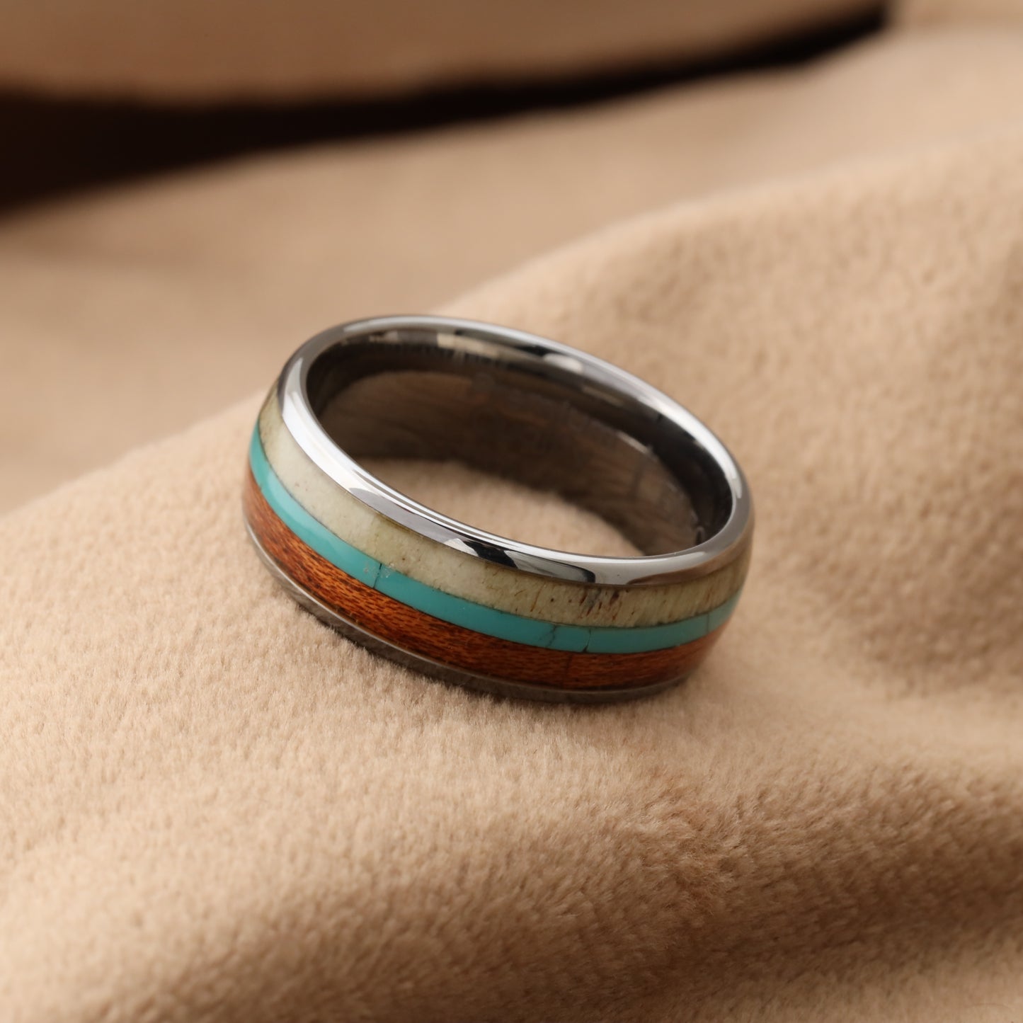 Silver Tungsten Ring with Deer Antler, Turquoise & Koa Wood - Triple Inlay - 8mm - A121